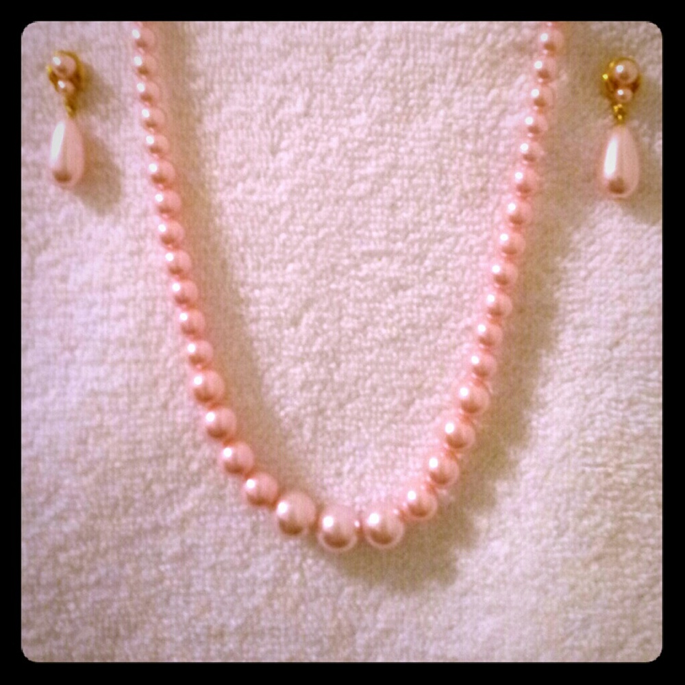 Pink pearl necklace and earrings
